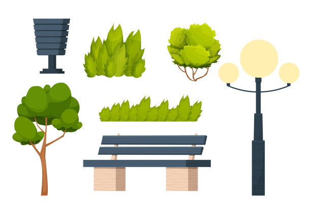以卡通风格设置城市公园元素长椅、草地、灌木和树木、垃圾桶和灯笼，在白色背景上孤立。户外街道装饰，自然元素。。矢量图图片下载