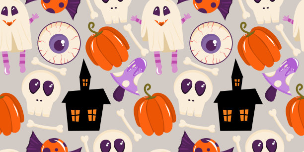 骷髅、诡异的房子、蘑菇和万圣节眼球的无缝图案。矢量图图片下载