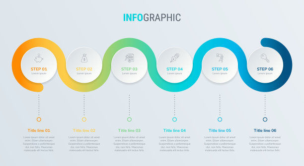 时间轴信息图设计向量。6选项，圈工作流布局。矢量信息图时间轴模板。图片下载