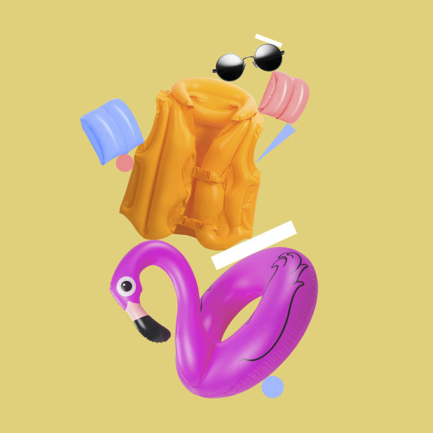 当代拼贴。创造性的静态构图与游泳属性在黄色背景。暑假。图片下载