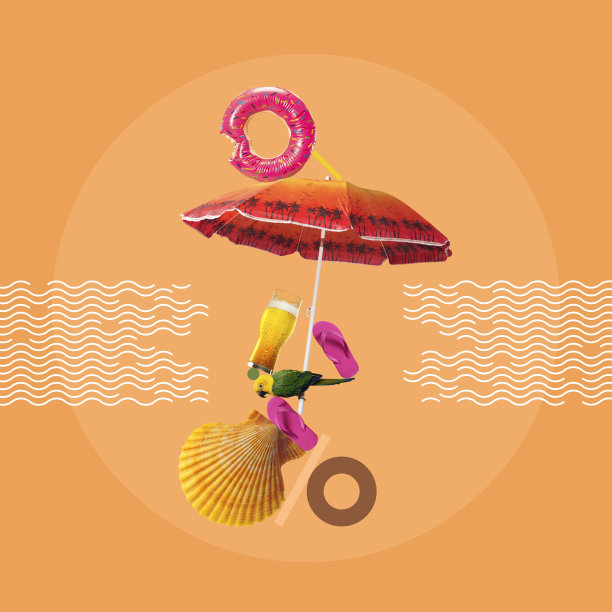 在沙滩上休息。沙滩伞，人字拖，啤酒和贝壳，橙色背景的创意构图图片下载