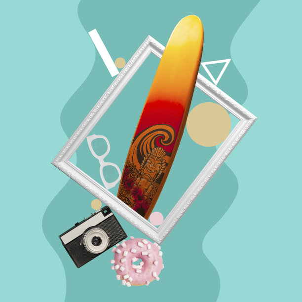 冲浪。创造性的拼贴画。构图与冲浪板在画框在蓝绿色背景。图片下载