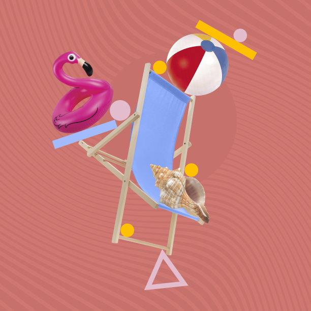 当代拼贴。创造性的静态构图与海滩属性在红色背景。暑假。图片下载