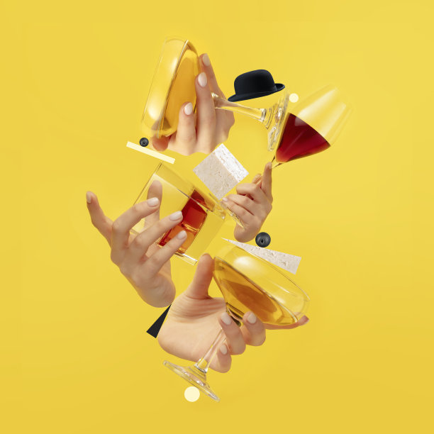 杂志风格的现代构图，在黄色的背景上，人手拿着酒杯。图片下载
