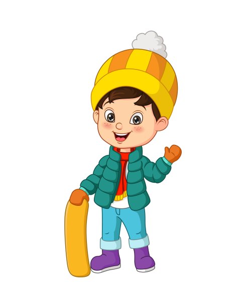 可爱的卡通小男孩穿着冬装，手握滑雪板图片下载