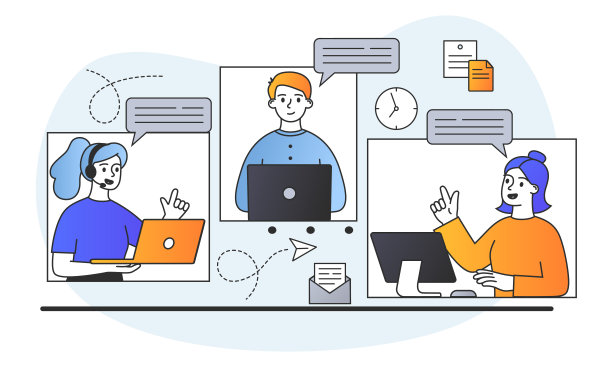 男性和女性角色在家参加在线视频会议和工作图片下载