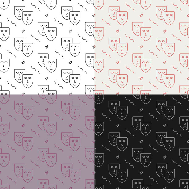 一套无缝的模式与喜剧和悲剧戏剧面具在一起。戏剧首映，马戏团海报。用于在织物上装饰和印刷的装饰物。设计元素。向量图片下载