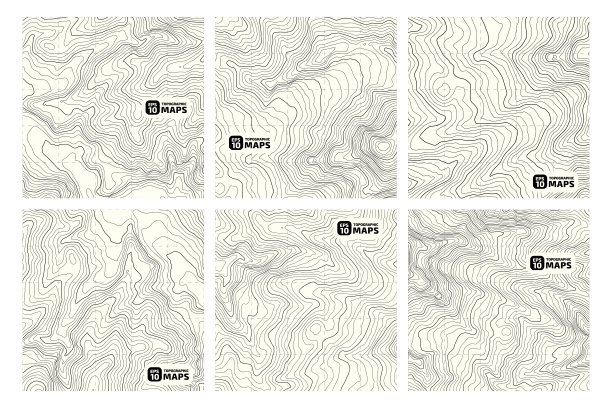 一套程式化的高程地形图等高线在黑色背景形式的线，轮廓。图片下载