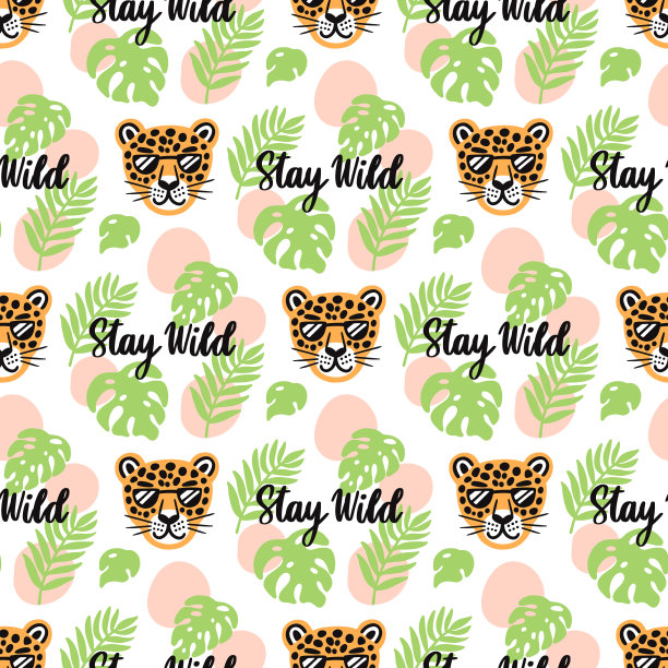 热带无缝图案与凉爽的豹脸，棕榈叶和铭文:保持野性。Ð适用于服装、苗木、纺织、包装、包装纸等行业印刷。图片下载