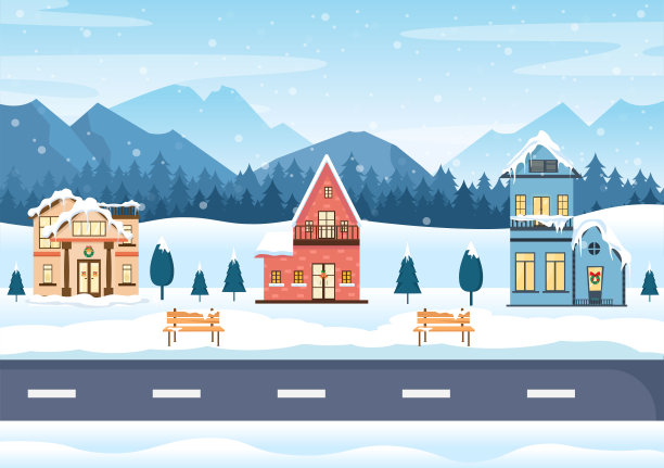 有房子背景，全景雪，城镇，树木或山剪影的冬季景观。圣诞节和新年快乐矢量插图图片下载