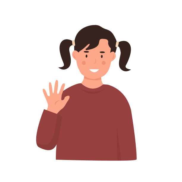 小女孩微笑着挥手。快乐的孩子，扎着两个马尾辫，用手势打招呼或道别。幼儿园或小学的孩子的肖像。平面向量插图。图片下载