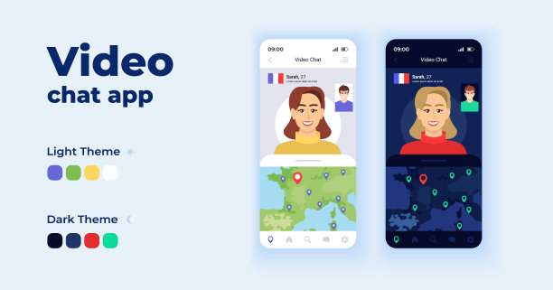 视频聊天应用卡通智能手机界面矢量模板集图片下载