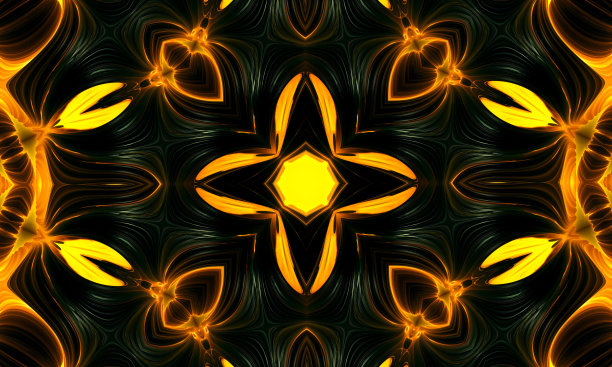 迷幻黄色和黑色的万花筒上有星星。光学扩张错觉。图片下载