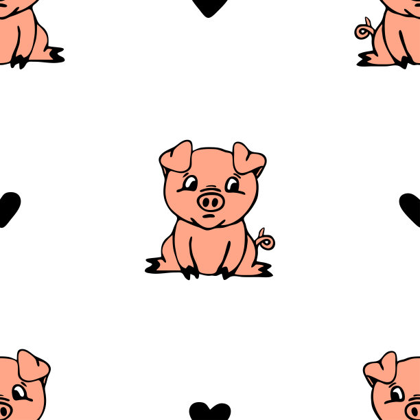 在白色背景上重复可爱的猪和爱心的矢量图案。手绘动物墙纸设计。装饰卡通小猪时装纺织品。图片下载