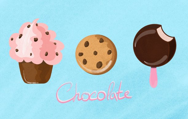 一套巧克力食品。蓝色背景插图图片下载