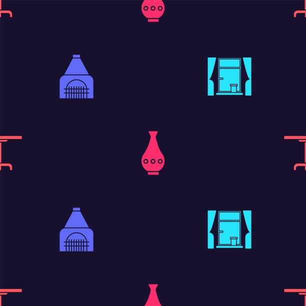 用窗帘设置窗户，室内壁炉，花瓶图片下载