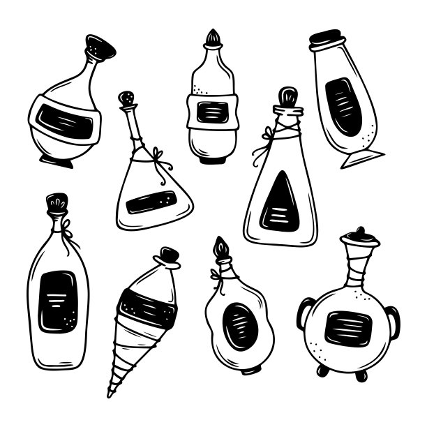 一套手画魔术瓶不同的形状孤立在一个白色的背景。涂鸦，简单的轮廓插图。可用于纺织品、纸张的装饰。图片下载