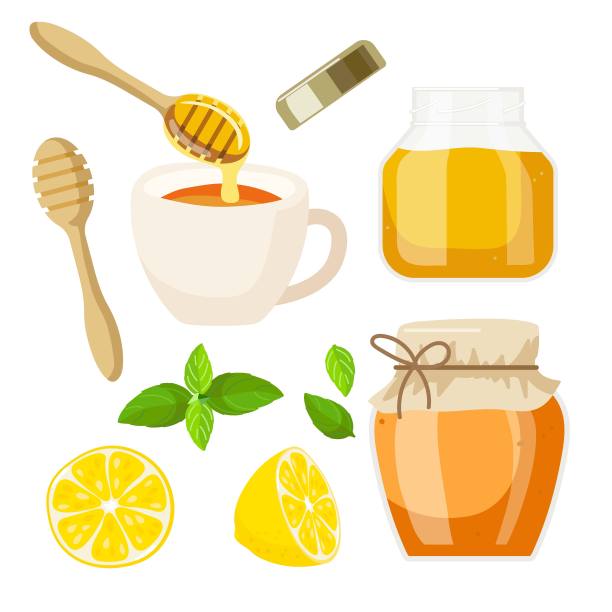 下午茶时间。一罐蜂蜜和果酱，一杯茶，薄荷，柠檬。有机食品生态模板。美味的早餐。健康饮料的概念图片下载