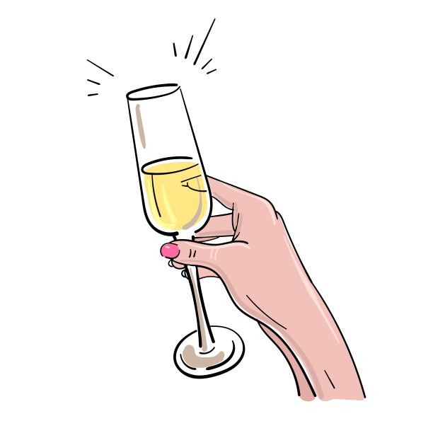 拿着一杯卡通风格的香槟。矢量插图。图片下载