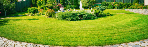 室外有修剪整齐的草坪和落叶灌木的花坛。图片下载