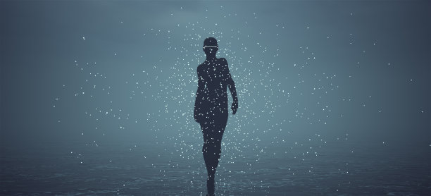 独眼外星人人形女人由黑色球体形成在水中行走和漂浮的白色球体正面视图阴天图片下载