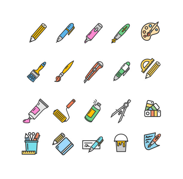 画笔和绘画标志颜色细线图标集图片下载