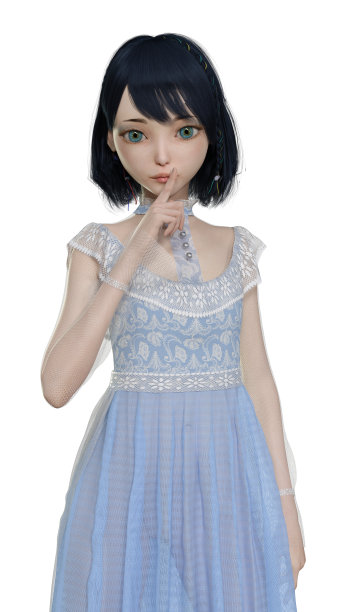 3D插图漂亮的娃娃在一个蓝色的复古连衣裙上的白色图片下载
