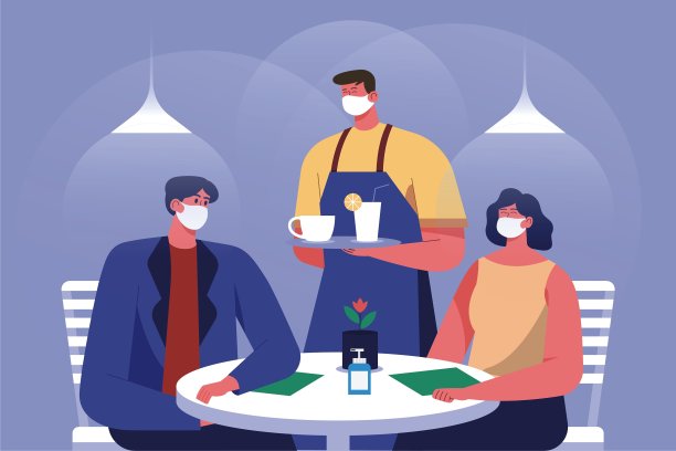 在COVID-19大流行期间保持社交距离的新常态生活。餐厅服务员在给顾客上菜时，戴口罩，保持距离，防止感染新冠病毒图片下载