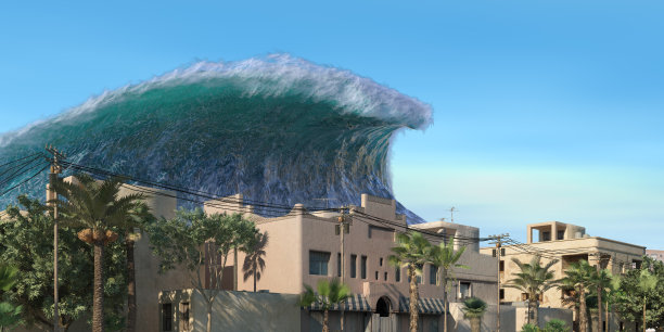海啸波浪启示水景城市洪水风暴。3D插图图片下载