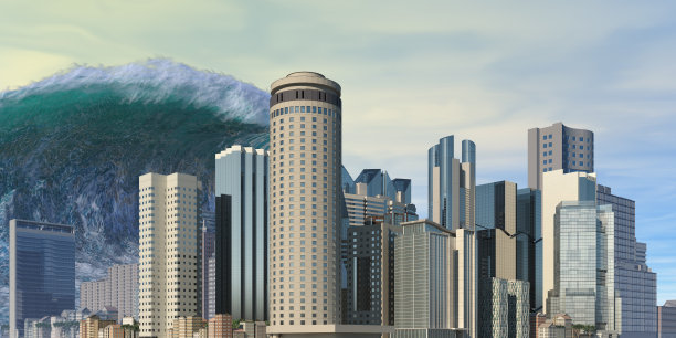 海啸波浪启示水景城市洪水风暴。3D插图图片下载