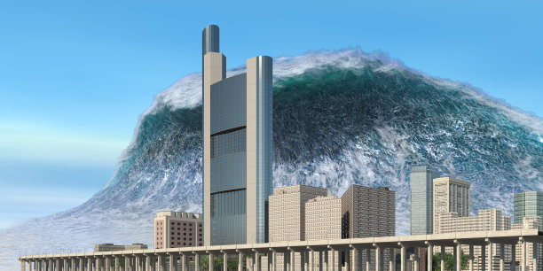 海啸波浪启示水景城市洪水风暴。3D插图图片下载