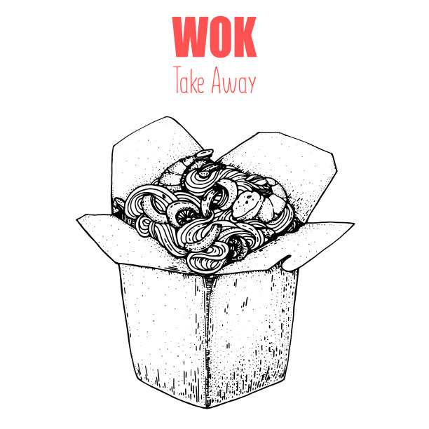 手绘矢量插图-锅盒草图。纸板箱里的面条。亚洲食品。图片下载