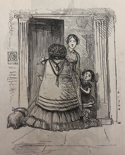 古董插图-哈珀杂志-女人和一个年轻的女孩站在门口看着一个大女人带着一条狗图片下载