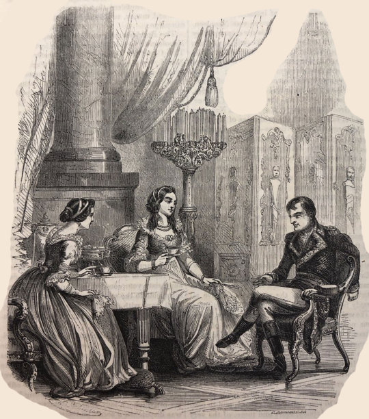 古董插图-哈珀杂志-拿破仑波拿巴坐在室内与两个女人谈话图片下载
