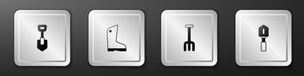 设置铲子、橡胶手套、花园耙和图标图片下载