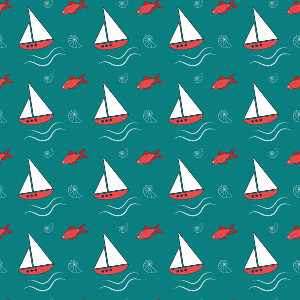 夏天大海的图案上有船、有浪、有鱼图片下载