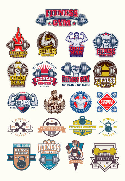 设置健美徽章贴纸隔离在白色上图片下载