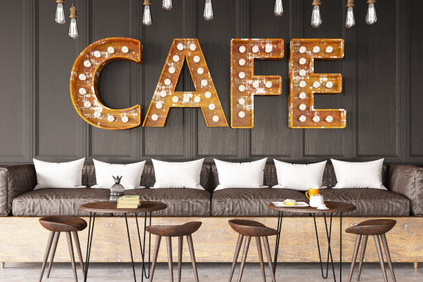 黑色墙上的电灯泡咖啡店标志图片下载