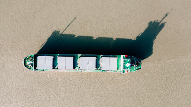 港口码头集装箱船鸟瞰图。集装箱货轮。图片下载