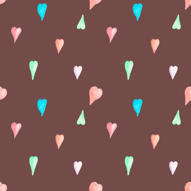 无缝图案，水彩插图，五颜六色的心。彩色水彩心无缝背景。不同大小的彩虹心形图案。图片下载