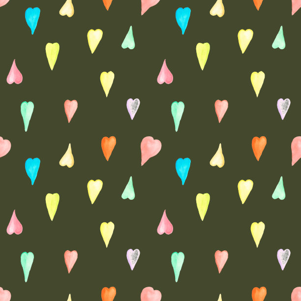 无缝图案，水彩插图，五颜六色的心。彩色水彩心无缝背景。不同大小的彩虹心形图案。图片下载