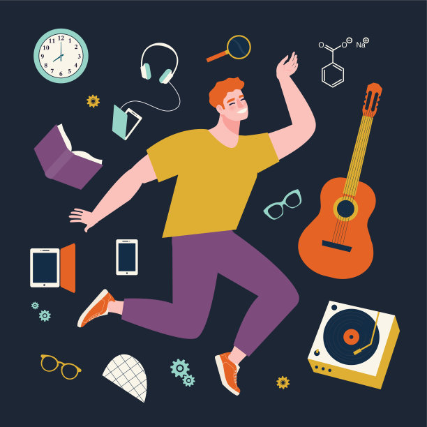 学生在学习过程中，回头看。小伙子跳在网上学习电脑平面矢量插图与工作，学校背包，书籍地球仪等。图片下载