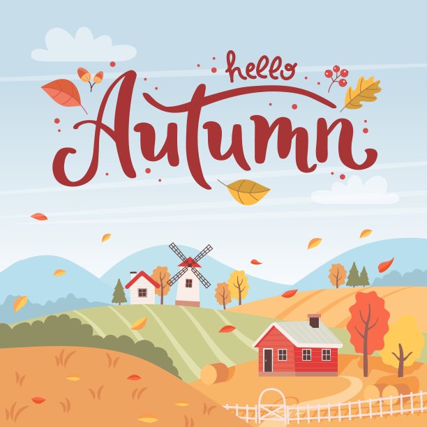 秋天的乡村风景与手绘的文字。有房子和风车的乡村景观。平面风格的矢量插图图片下载