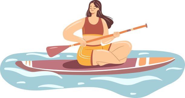 一口寄宿女孩。一个穿着泳衣的年轻女子在划桨板上。手绘平面插图。图片下载