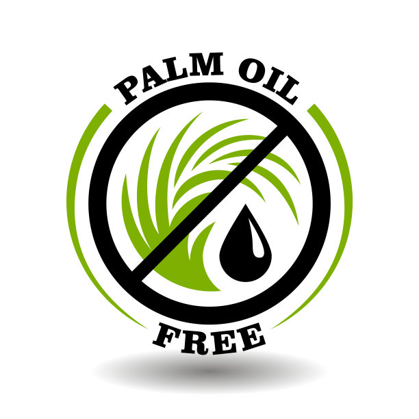 简单的圆形标志无棕榈油与绿色树叶图标，无油滴和圆形禁止标志有机健康产品没有棕榈油包装象形图图片下载