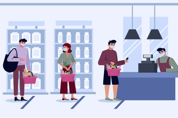 超市或商店内部有货架和货物，杂货，收银台和收银员。男女买家，推车产品。大的购物中心。矢量、插图、孤立、卡通风格图片下载