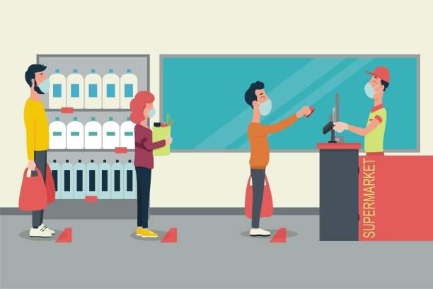 超市商店柜台收银员和带着医用口罩的买家，带着购物车和食品篮。在商店隔离冠状病毒2019-nCoV社交距离流行病预防措施。图片下载