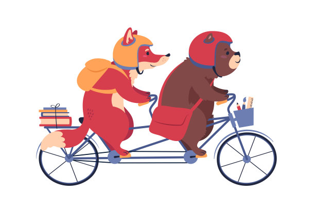 戴着头盔的狐狸和熊骑着双人自行车。可爱的卡通人物。图片下载