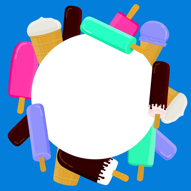 在蓝色背景上为文本留出空白的冰淇淋框架。用于明信片，背景，织物或纪念品上的应用。图片下载