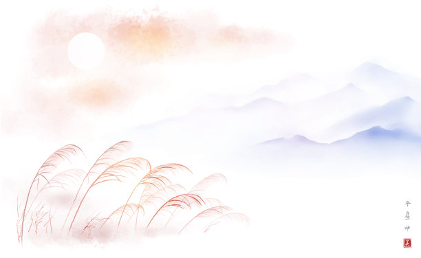 风中的草叶和遥远的蓝山。日本传统水墨画sumi-e。象形文字-精神，自然，和平，美丽图片下载